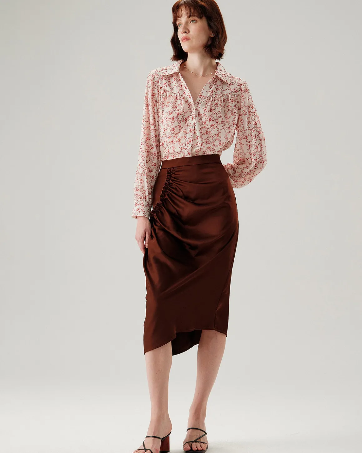 Coffee Ruched Pencil Midi Skirt