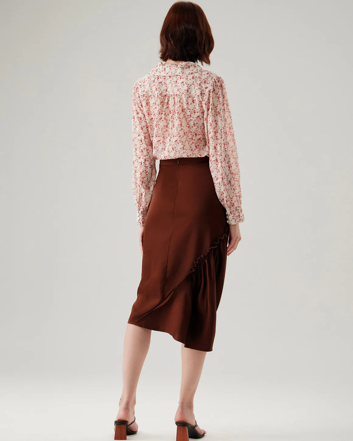 Coffee Ruched Pencil Midi Skirt
