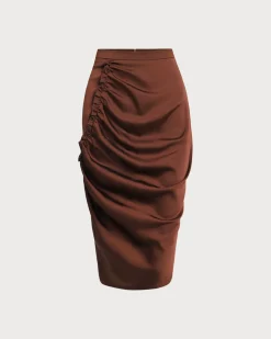 Coffee Ruched Pencil Midi Skirt