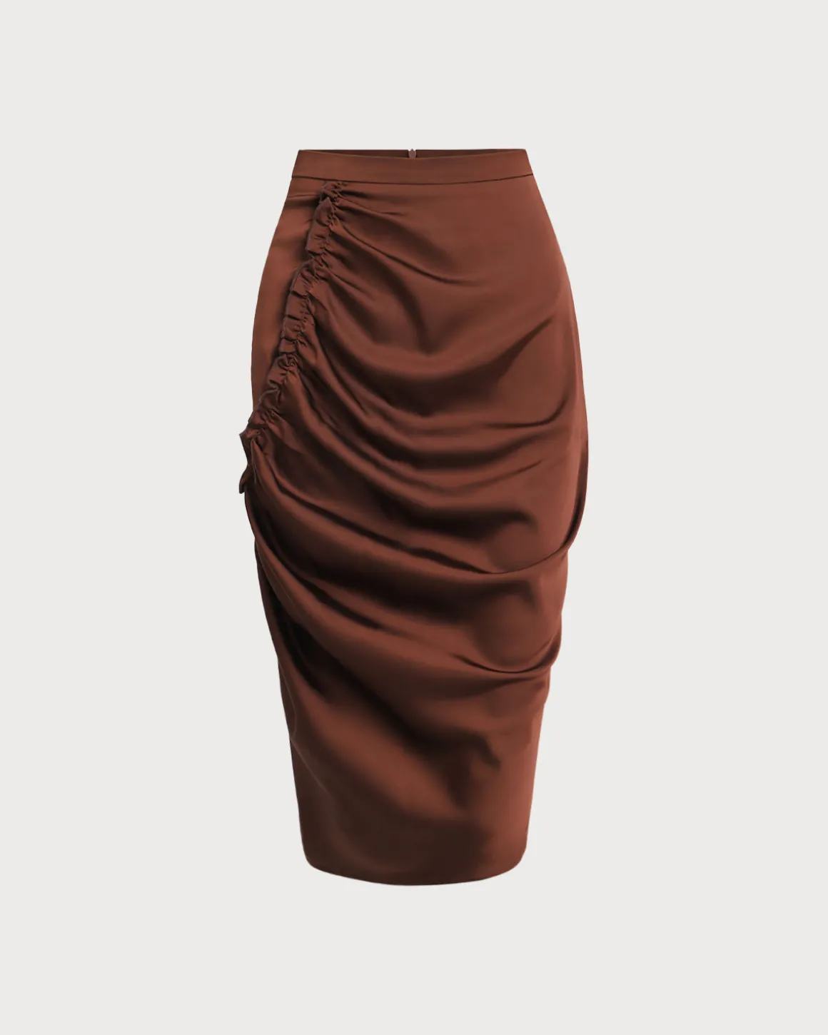 Coffee Ruched Pencil Midi Skirt