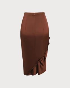 Coffee Ruched Pencil Midi Skirt