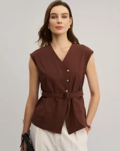 Coffee V Neck Belted Tank Top