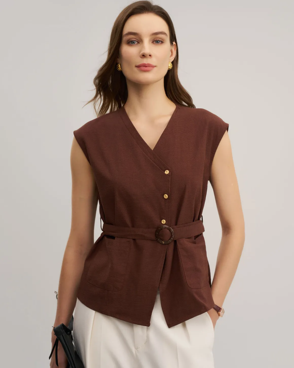 Coffee V Neck Belted Tank Top