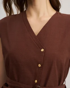 Coffee V Neck Belted Tank Top