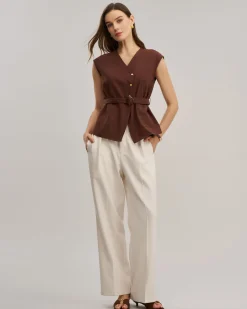 Coffee V Neck Belted Tank Top