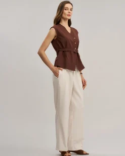 Coffee V Neck Belted Tank Top