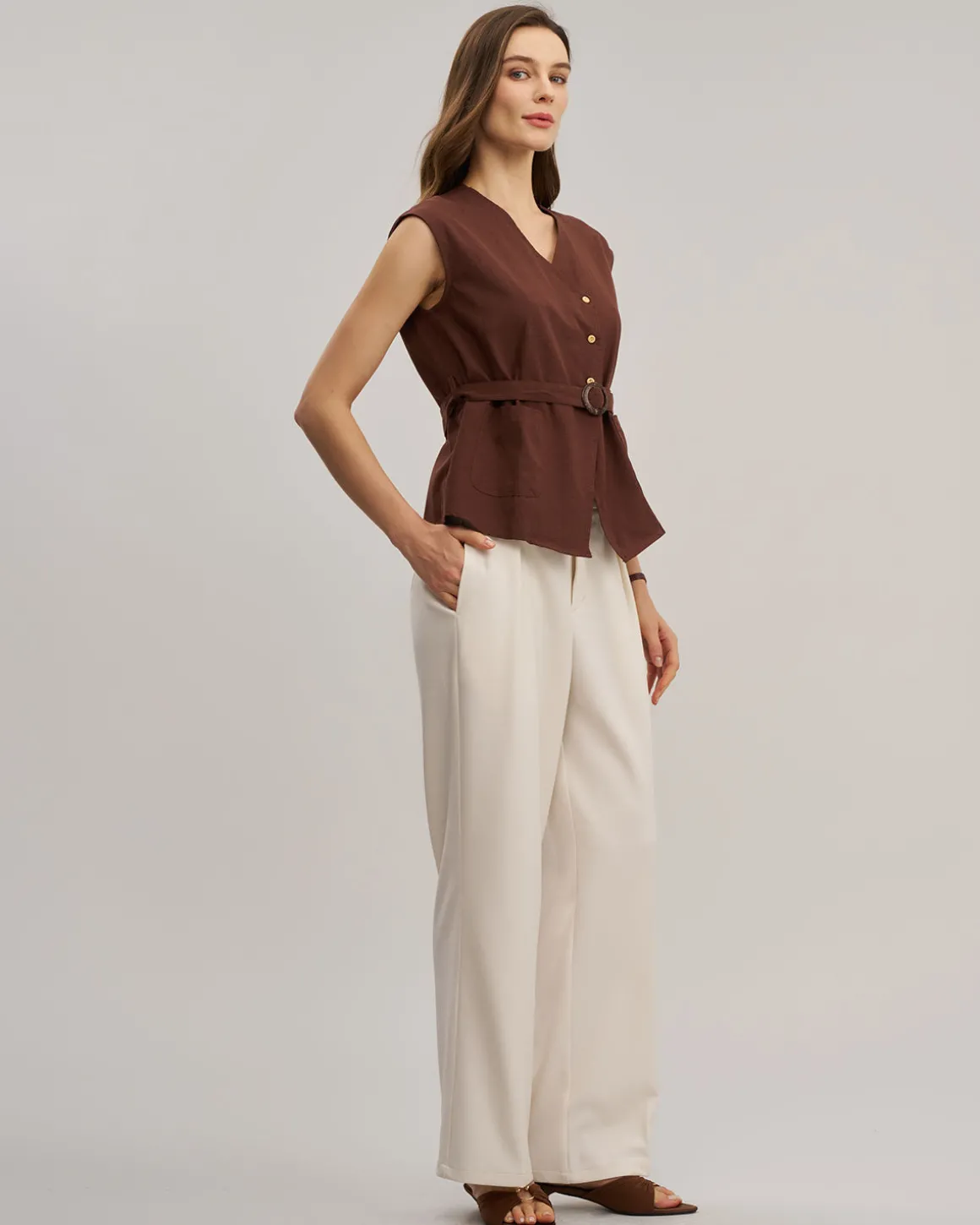 Coffee V Neck Belted Tank Top