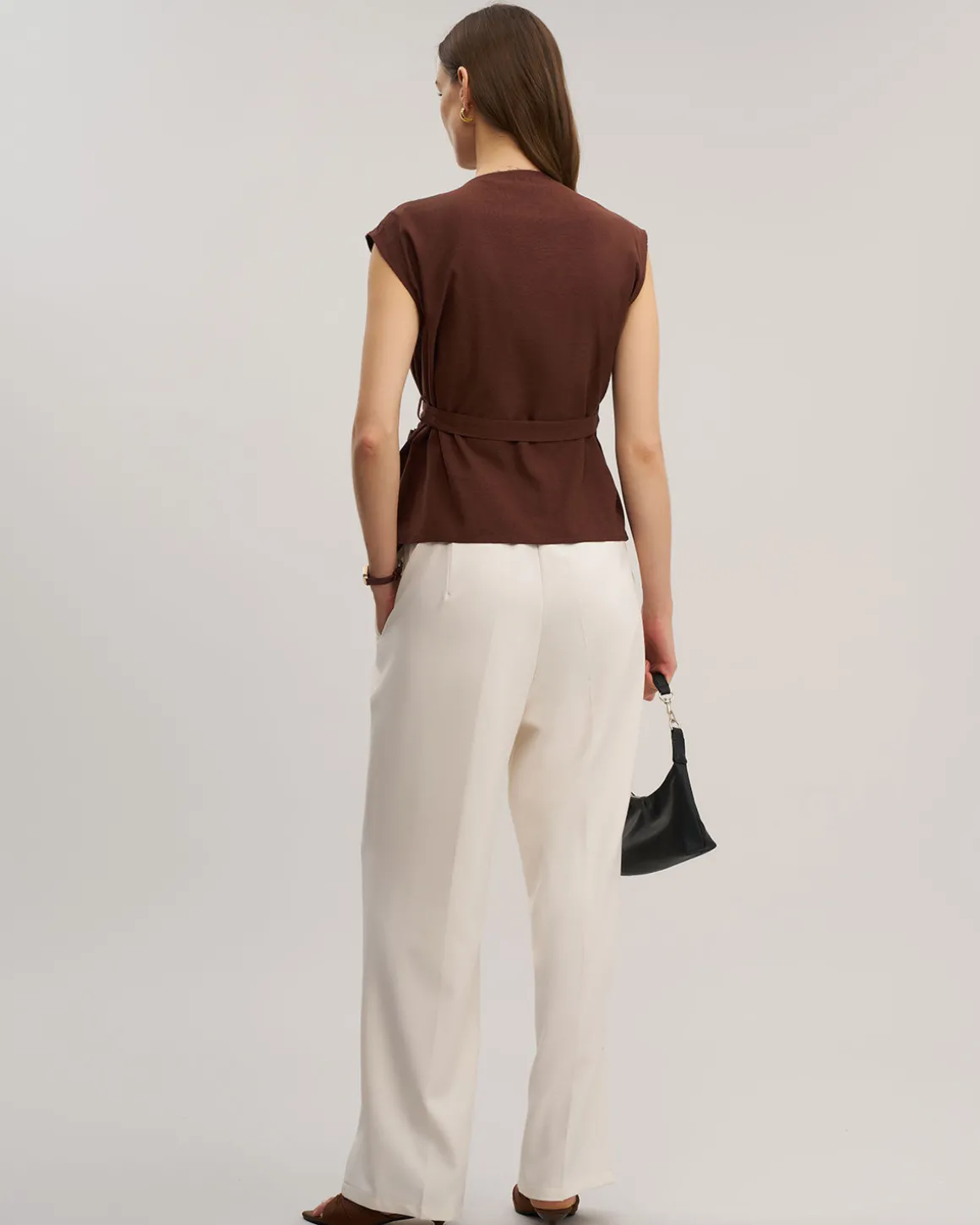 Coffee V Neck Belted Tank Top