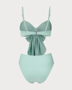 Cyan Ruched Bowknot Bikini Set