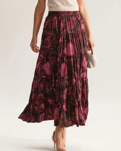 Floral Elastic Waist Pleated Midi Skirt