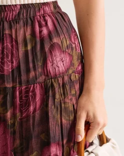 Floral Elastic Waist Pleated Midi Skirt