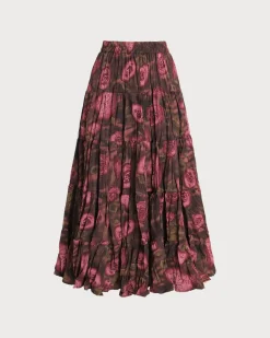 Floral Elastic Waist Pleated Midi Skirt