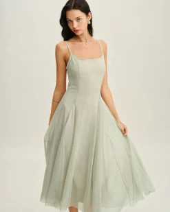 Green A-Line Slip Pleated Midi Dress