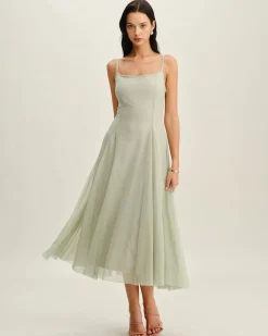 Green A-Line Slip Pleated Midi Dress
