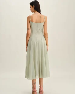 Green A-Line Slip Pleated Midi Dress