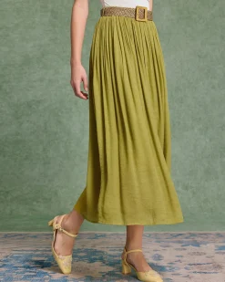 Green Belt Flowy Midi Skirt