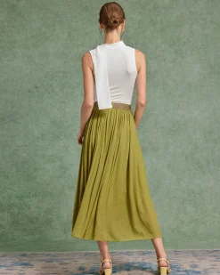 Green Belt Flowy Midi Skirt