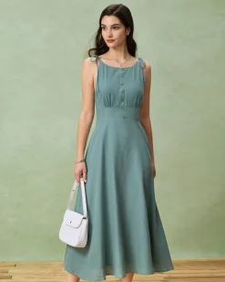 Green Boat Neck Backless Slip Midi Dress