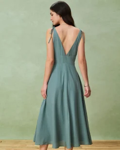 Green Boat Neck Backless Slip Midi Dress