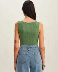 Green Boat Neck Knit Tank Top