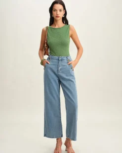Green Boat Neck Knit Tank Top