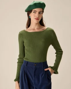 Green Boat Neck Ruffle Slim Tee