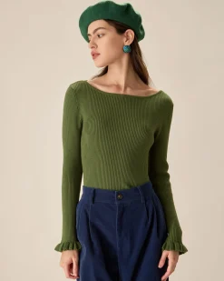 Green Boat Neck Ruffle Slim Tee