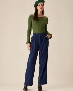 Green Boat Neck Ruffle Slim Tee