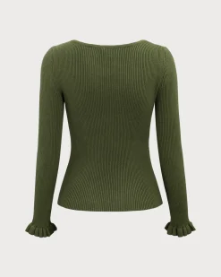 Green Boat Neck Ruffle Slim Tee