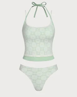 Green Contrast Lace Tankini Swimsuit
