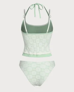 Green Contrast Lace Tankini Swimsuit