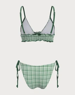 Green Contrast Plaid Wrinkled Bikini Set
