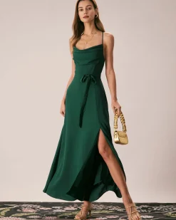 Green Cowl Neck Cutout Back Maxi Dress