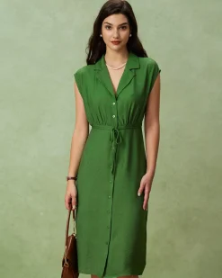 Green Cowl Sleeve Button Midi Dress