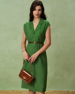Green Cowl Sleeve Button Midi Dress