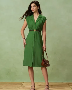 Green Cowl Sleeve Button Midi Dress