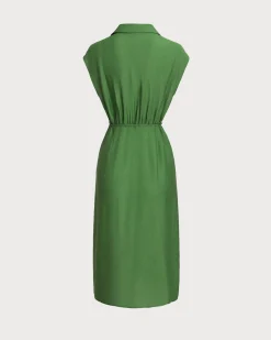 Green Cowl Sleeve Button Midi Dress