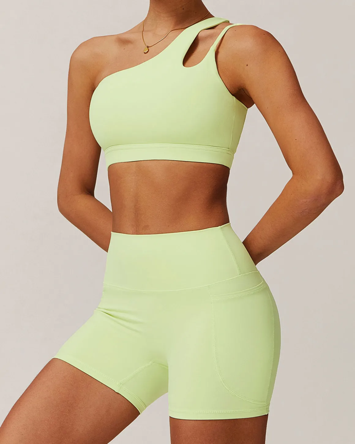 Green Cropped One Shoulder Yoga Cami Top - Light Support