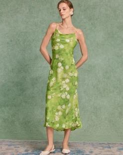 Green Floral A-Line Slip Midi Dress
