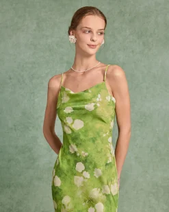 Green Floral A-Line Slip Midi Dress