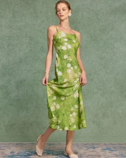 Green Floral A-Line Slip Midi Dress