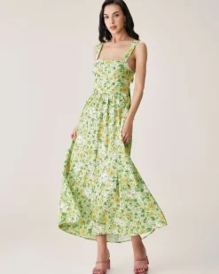 Green Floral Backless Maxi Dress
