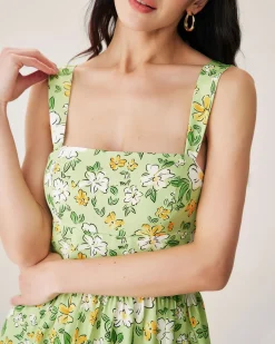 Green Floral Backless Maxi Dress