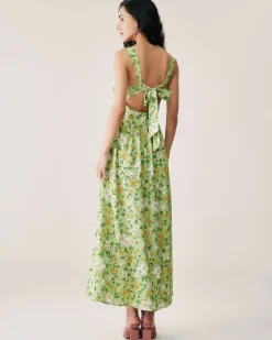 Green Floral Backless Maxi Dress