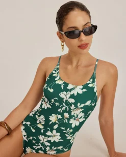 Green Floral Backless One-Piece Swimsuit