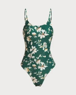 Green Floral Backless One-Piece Swimsuit