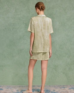 Green Floral Blouse Shorts Two-Piece Suit
