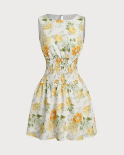 Green Floral Boat Neck Mini Dress