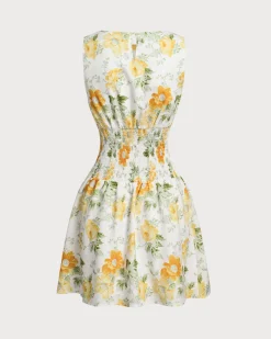 Green Floral Boat Neck Mini Dress