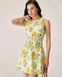 Green Floral Boat Neck Mini Dress